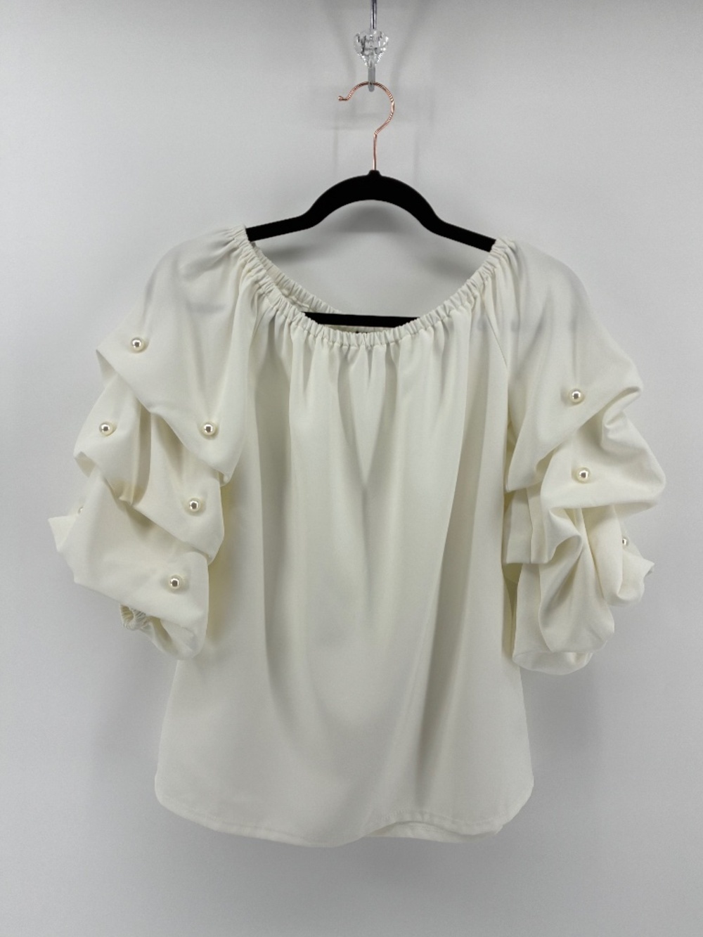 White Tiered Pearl Ruffle Sleeve Off Shoulder Roz & Ali Top